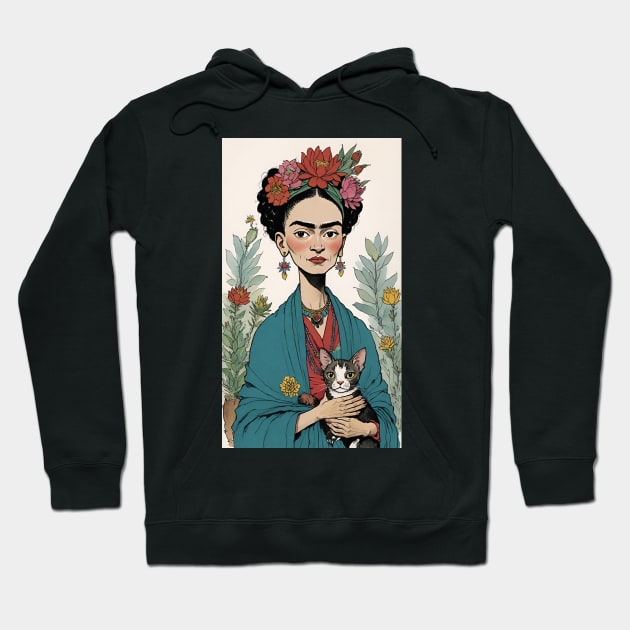 Frida's Floral Feline: Illustrated Tribute Hoodie by FridaBubble